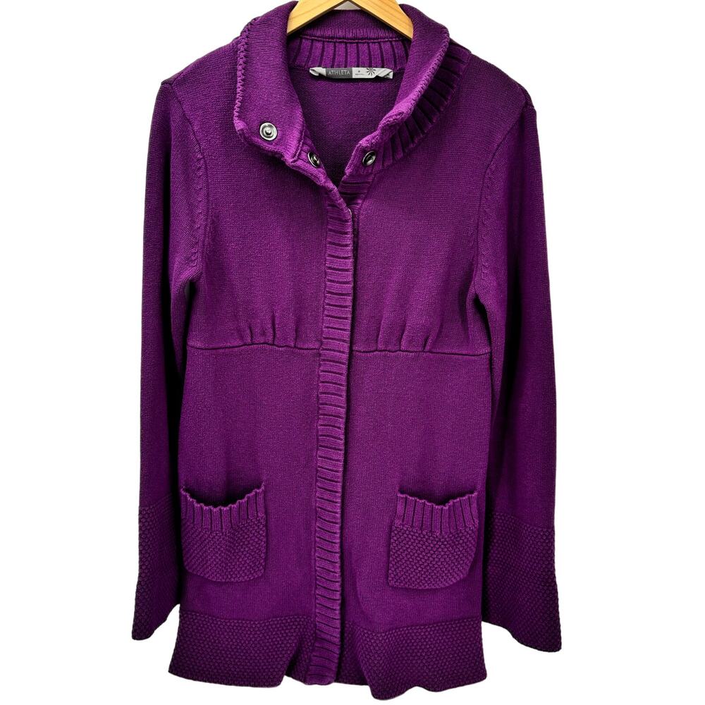 Athleta Cardigan Womens Medium Purple Sweater Snap‎ Up Tunic Knit Long Sleeve
